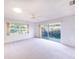 Spacious living room featuring carpet, sliding glass doors, and a ceiling fan at 6246 Green View Cir # 97, Sarasota, FL 34231