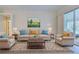 Living room with beige sofa and chairs, coffee table and access to patio at 339 Meadow Beauty Ct, Venice, FL 34293