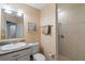 Well-lit bathroom featuring a single sink vanity, decorative mirror, and a tiled shower at 9203 Griggs Rd # B202, Englewood, FL 34224