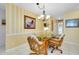 Dining area with glass-top table and wicker chairs, yellow striped walls at 1602 Gondola Park Dr # 1602, Venice, FL 34292
