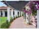 Brick walkway with pergola covered pathway, lush landscaping, and flowering vines at 23499 Awabuki Dr # 102, Venice, FL 34293