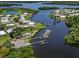 Waterfront community featuring a picturesque river with boat docks and charming homes nestled among lush trees at 346 Mariner Dr, North Port, FL 34287