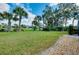 Lush backyard with vibrant green lawn, mature trees, and manicured landscaping at 523 Park Estates Sq, Venice, FL 34293