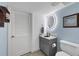 Modern bathroom with gray vanity and a round lighted mirror at 550 W Flamingo # 401, Venice, FL 34285