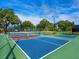 Outdoor pickleball court with blue and green surface, surrounded by lush greenery at 128 Sea Anchor Dr, Osprey, FL 34229