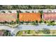 Aerial view of townhomes showing the roof lines, landscaping, and street access at 3730 82Nd Avenue E Cir # 104, Sarasota, FL 34243