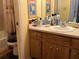 Bathroom with a wood vanity, a sink, a toilet, and decorative wall art at 4052 Holin Ln, North Port, FL 34287