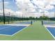 Multiple tennis courts with green and blue surfaces, enclosed by a chain-link fence under a cloudy sky at 590 Portside Dr, North Port, FL 34287