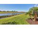 Scenic backyard view showcasing lush green lawn, mature palm trees, and serene lake at 10181 Colubrina Dr, Venice, FL 34293