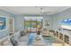 Comfortable living room featuring a ceiling fan, neutral decor, and pool views at 10181 Colubrina Dr, Venice, FL 34293