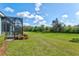 Expansive backyard featuring a screened lanai and lush green space with beautiful trees in a tranquil setting at 12505 Palatka Dr, Venice, FL 34293