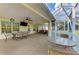 This enclosed patio has a ceiling fan and a comfortable seating area plus a dining table and chairs at 4332 Big Leaf St, North Port, FL 34286