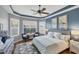 Inviting main bedroom with tray ceilings, a decorative rug, and plantation shutters for natural light at 805 Derbyshire Dr, Venice, FL 34285
