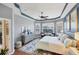 Spacious main bedroom with tray ceiling, plush rug, plantation shutters, and views of the neighborhood at 805 Derbyshire Dr, Venice, FL 34285