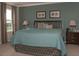 Main bedroom with teal bedding and en suite bathroom at 5637 Ocarina Rd, North Port, FL 34291