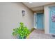 Front entry with teal door, wreath, and brick walkway at 1344 Ribolla Dr, Palm Harbor, FL 34683