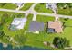 Aerial view showcasing two homes with private pools near the canal at 7384 Van Lake Dr, Englewood, FL 34224