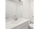 Clean bathroom boasts a vanity with a white sink and a large mirror at 13851 Richland Gulf Cir, Parrish, FL 34219