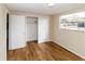 Bedroom with wood-look floors, a closet, and a door at 4215 Pecos Dr, New Port Richey, FL 34653