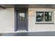 Modern front door with glass accents and sleek design at 9640 Mark Twain Ln, Port Richey, FL 34668