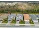 Houses with tree-lined backdrop, showcasing rooftops and landscaping details from above at 3135 Great Banyan Way, Wesley Chapel, FL 33543