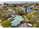 Aerial view of waterfront property with lush backyard, pool, and docks on a tranquil waterway at 3225 Bluff Blvd, Holiday, FL 34691