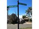 Street sign marking the intersection of Paradise Blvd and Yacht Club Dr, surrounded by palm trees at 10111 Yacht Club Dr, Treasure Island, FL 33706