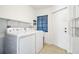 Laundry room features modern machines, shelving for storage, and a window for light at 1321 Groveland Ave, Venice, FL 34285