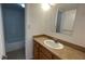 Bathroom vanity with a sink, wooden cabinet, and a tiled bathtub at 7502 Needle Leaf Pl # B66, Tampa, FL 33617