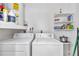 Functional laundry room with white washer and dryer units, complemented by ample shelving for storage solutions at 6417 Driftwood Dr, Hudson, FL 34667