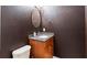 Half-bathroom with gray countertops, brown walls, and a unique mirror at 5808 Falconcreek Pl, Lithia, FL 33547