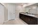 Double vanity bathroom with dark brown cabinets and granite countertops at 288 Rain Berry Ave, Ruskin, FL 33570