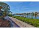 Brick pathway leads to waterfront with lush greenery and canal views at 909 Birdie Way, Apollo Beach, FL 33572