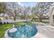 Backyard with a lagoon-style swimming pool, spa, swan float, and mature trees at 4010 W Watrous Ave, Tampa, FL 33629