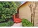 Small backyard with red wooden deck and lush greenery at 704 S Newport Ave, Tampa, FL 33606