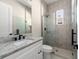 Bathroom featuring white vanity, granite countertop and a glass shower at 5018 Elm Leaf Dr, Brooksville, FL 34601