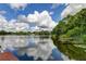 Scenic lake view with dock, lush greenery, and cloudy sky at 17210 Orangewood Dr, Lutz, FL 33548