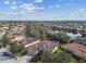 Aerial view of a residential neighborhood with lush landscaping and lake views at 5621 Rock Dove Dr, Sarasota, FL 34241