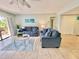 Living room with blue sofas, coffee table, and sliding door to patio at 3035 Countryside Blvd # 14B, Clearwater, FL 33761