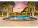 Luxury pool with fountains at sunset, surrounded by palm trees and landscape lighting at 10603 Low Oak Ter, Thonotosassa, FL 33592