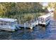 Aerial view of the community boat dock with multiple boats providing direct access to the lake at 3157 Mission Grove Dr, Palm Harbor, FL 34684