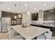 Modern kitchen featuring dark cabinetry, stainless steel appliances, and a large center island at 16462 Courtyard Loop, Land O Lakes, FL 34638