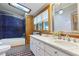 Bathroom with blue tile shower, white vanity, and skylight at 5700 N Suwanee Ave, Tampa, FL 33604