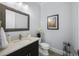 Modern powder room with dark vanity and patterned floor at 207 Chippewa Ave, Tampa, FL 33606