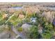 Aerial view showcasing a home nestled in a wooded area near a lake at 17307 Linda Vista Cir, Lutz, FL 33548