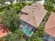 Aerial view of backyard and tile roof, showing an enclosed pool and spa at 7656 Portstewart Dr, Lakewood Ranch, FL 34202