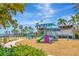 Bright playground area featuring modern climbing equipment, swings, slides, and a soft, wood chip safety ground at 5502 Limelight Dr, Apollo Beach, FL 33572