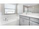 Bathroom features a soaking tub and gray vanity at 9612 Little Bluestem Dr, Land O Lakes, FL 34637