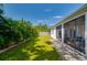 A beautifully maintained backyard with healthy green lawn, a row of palm trees and a screened-in porch at 3604 W Paxton Ave, Tampa, FL 33611