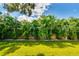 Picture of a luscious backyard with green lawn, palm trees, and a glimpse of two pink flamingo ornaments at 3604 W Paxton Ave, Tampa, FL 33611